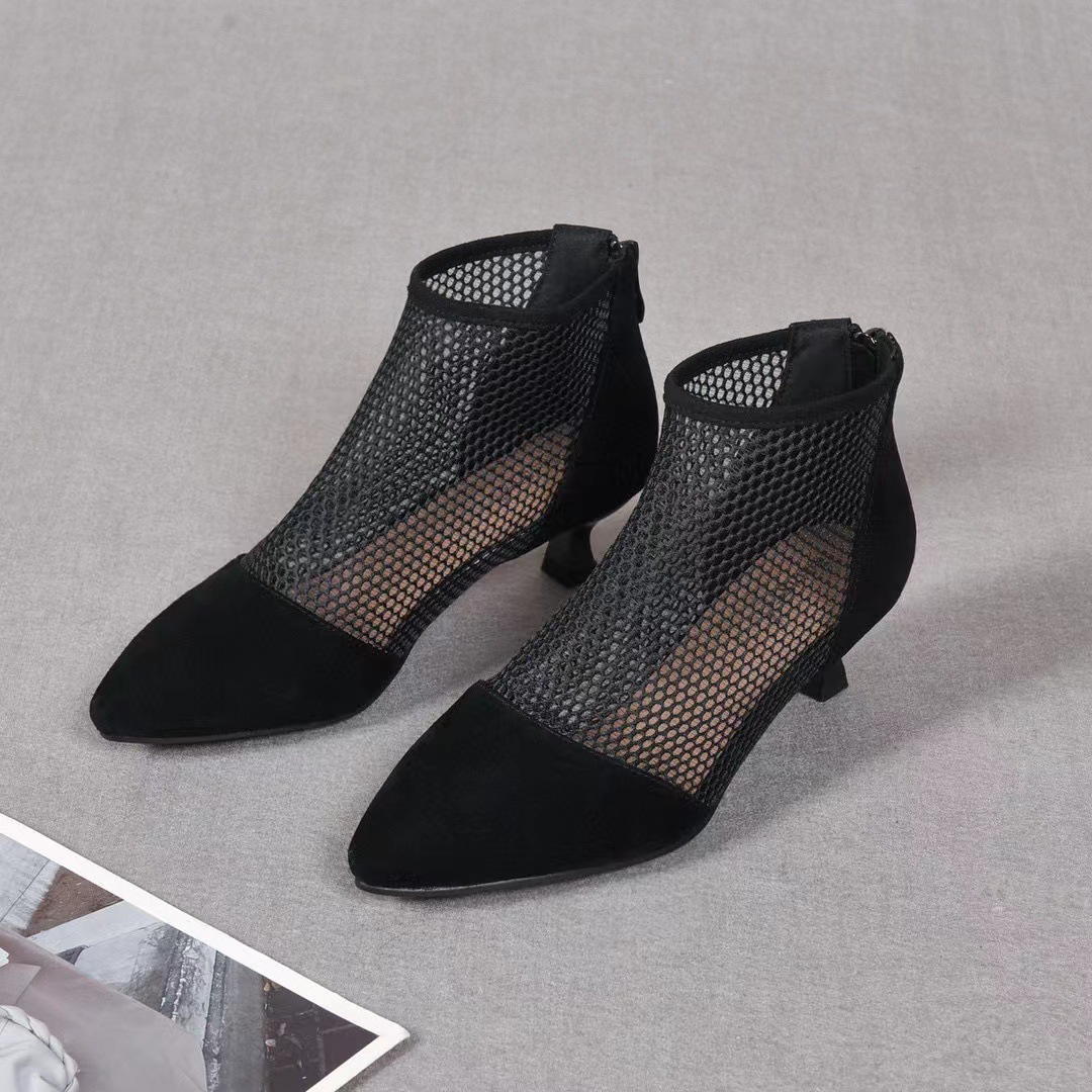 Sandal nữ da thật mũi nhọn gót thấp kiểu La Mã khoét lỗ thoáng khí — đen chi tiết 7