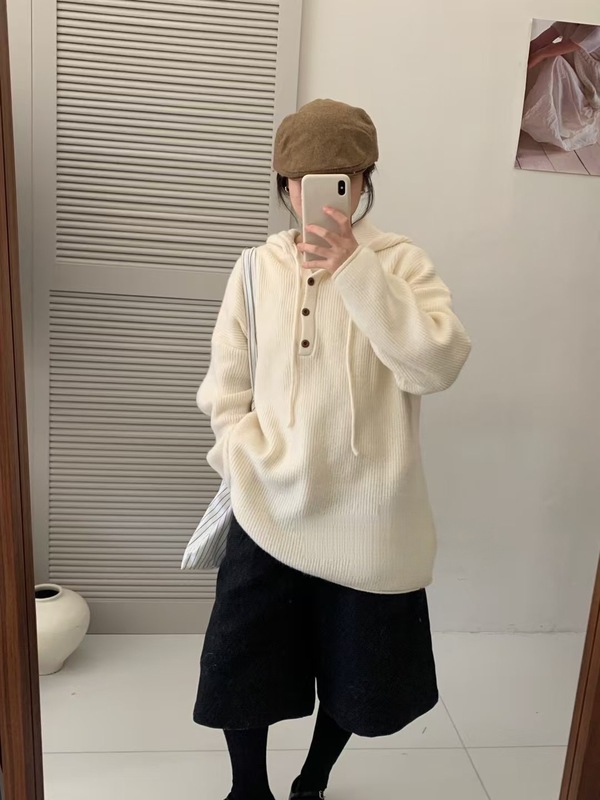 韩系纽扣半开领连帽针织衫女中长款慵懒风宽松休闲套头毛衣卫衣潮|undefined