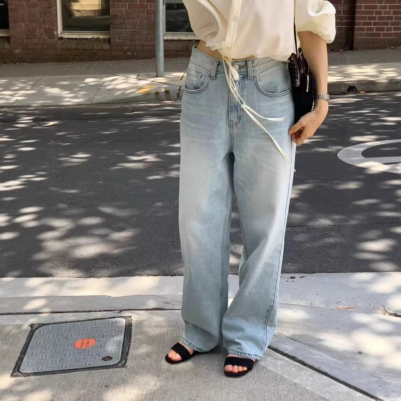 In Stock 2026 Spring New Korean Style Ou*Ce Loose High-Waisted Slimming Straight-Leg Washed Light Blue Jeans for Women