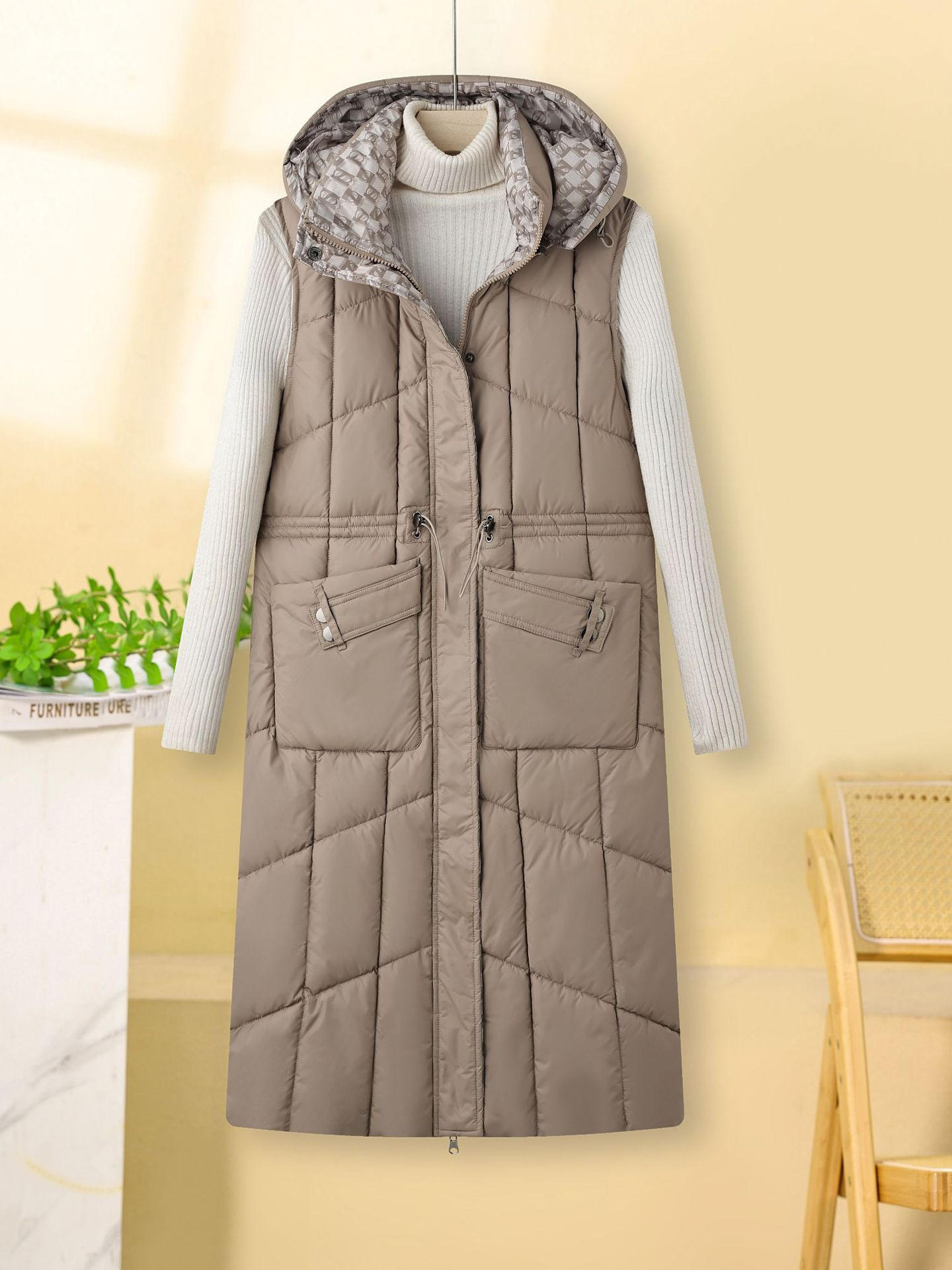 Cappotto gilet in cotone double face da donna – Piumino lungo e sottile invernale coreano, caldo capospalla reversibile (nero/bianco sporco/marrone/cachi, L-XXXL)_voghion.com