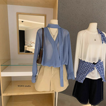 WGWE6795#清冷氧气感时髦蓝色挂脖飘带波点宽松显瘦长袖衬衣小衫