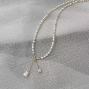 2025 lily orchid freshwater pearl necklace retro fresh sea mother-shell carved 14k gold rice beads neck chain female