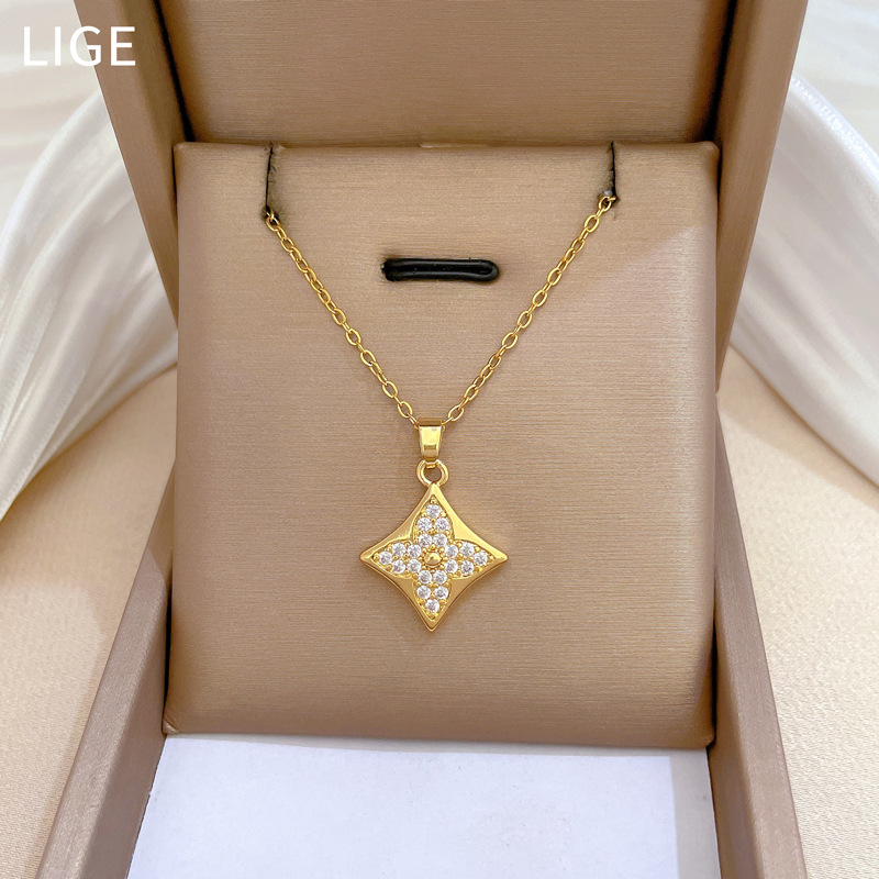 【 Titanium Steel 】 Necklace and earring set, light luxury diamond-shaped four-leaf flower full diamond, personalized and elegant banquet earrings and necklace set pic 8