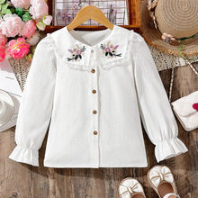 女童衬衫外贸款童装韩版领口刺绣花朵长袖上衣儿童休闲款大童衬衣