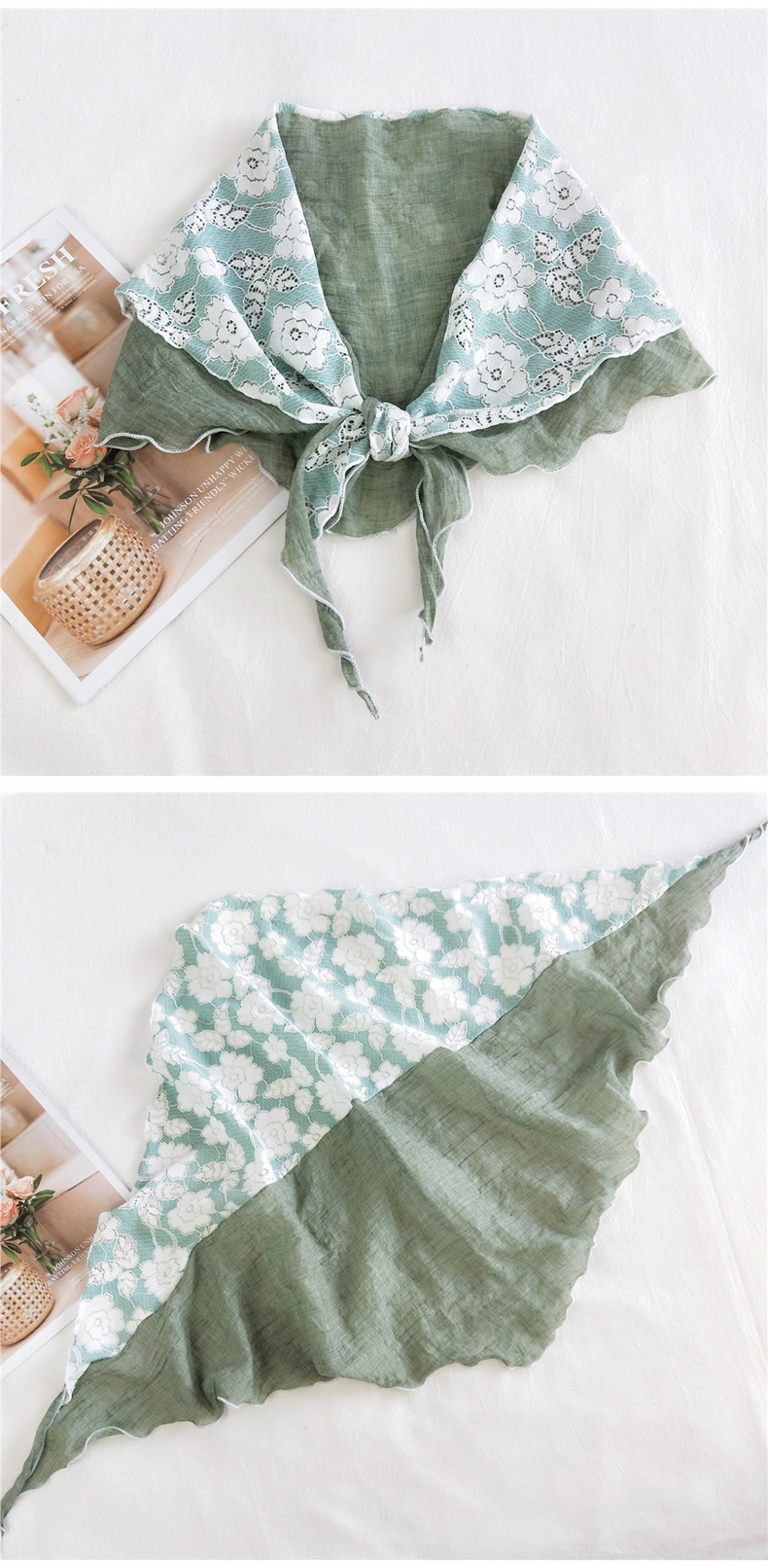 New Flower Triangle Stitching Cotton Scarf display picture 2