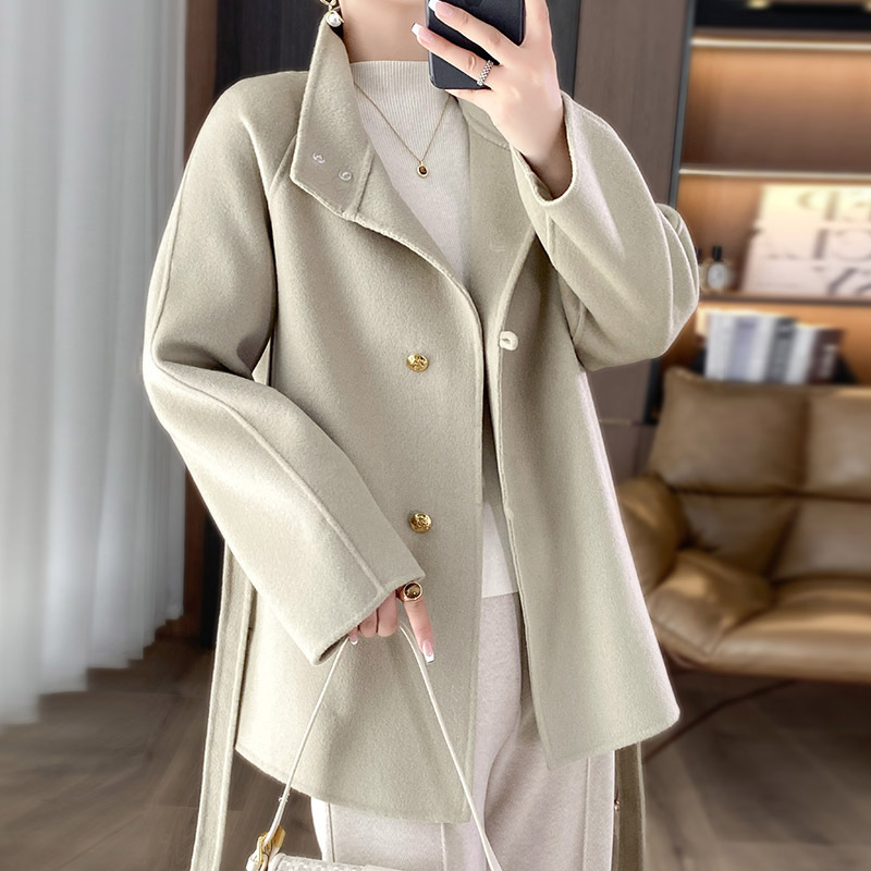 New Double-sided Cashmere Coat Women's Autumn and Winter Pure Wool Collar Mid-length Belt All-match Small Loose Coat