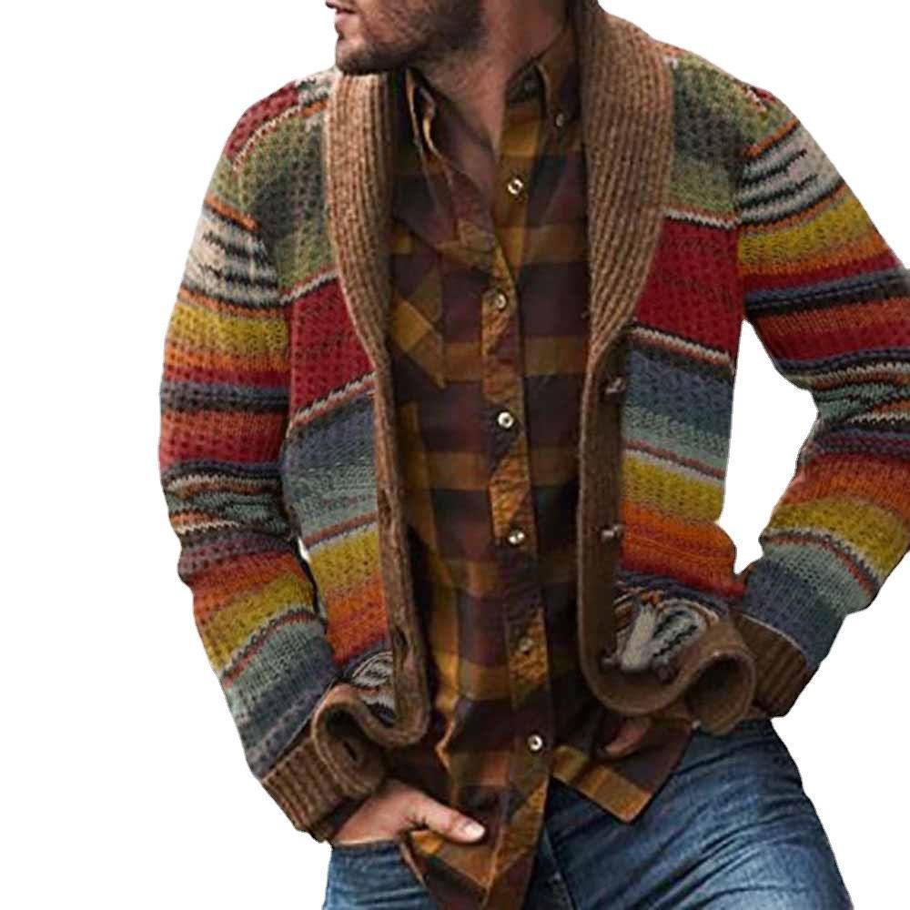 European and American Men's Sweater Jacket 2025 Autumn and Winter Lapel Color-Blocked Knitted Cardigan Wool Ready-Made Rainbow Sweater