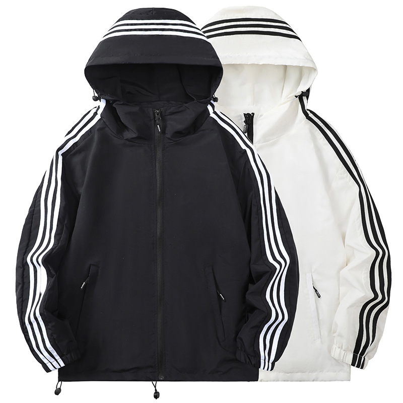 Chaqueta de tres rayas para hombre, estilo transfronterizo, para primavera y otoño, con capucha, de marca, personalizada, versátil, informal, de talla grande, a la moda.