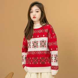 女童秋冬毛衣中大童复古红色新年针织上衣儿童洋气宽松雪花毛线衣