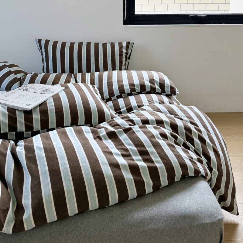 Simple Cotton Knitted Cotton Striped Tianzhu Cotton Four-piece Set Skin-friendly Retro Style Bedding Single Bed Cover Bed Sheet Pillowcase