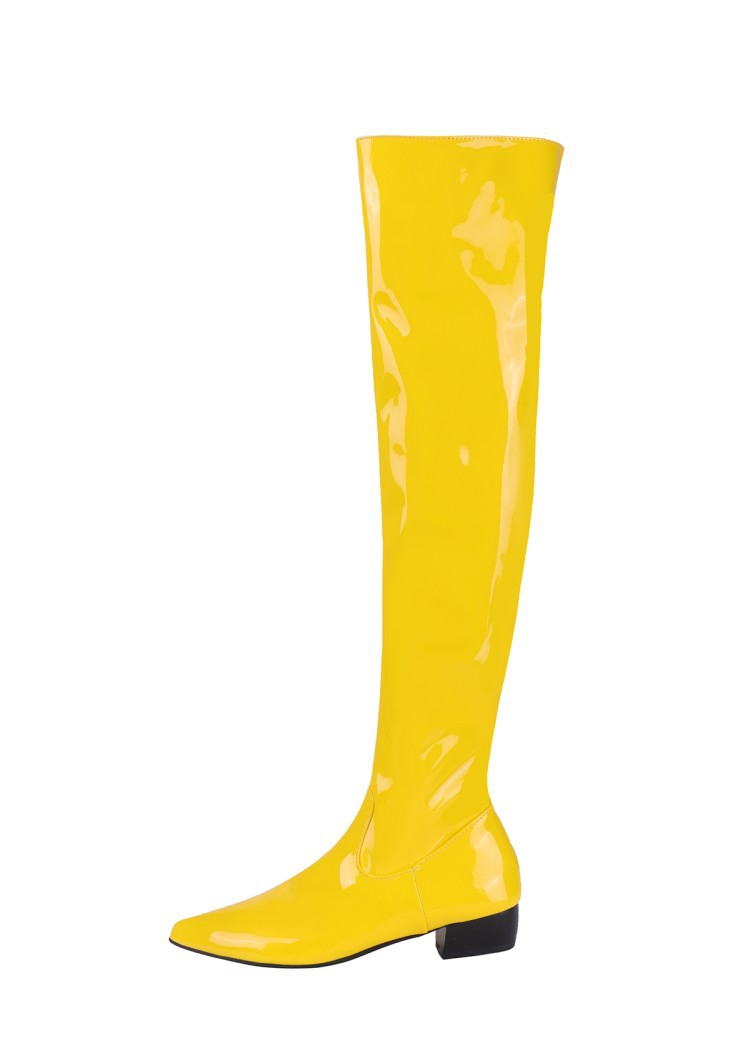 Stivali sopra il ginocchio da donna autunno e inverno con cerniera laterale in vernice color caramella con tacco basso, stivali alti fino al ginocchio W389_voghion.com