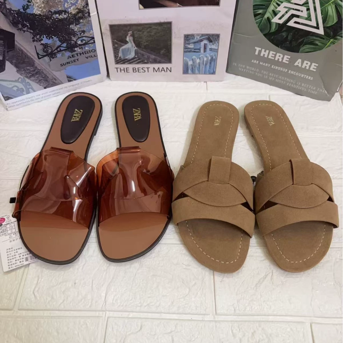 ZA2025 Летние новые женские туфли коричневые замшевые сандалии на плоской подошве из кожи для женщин