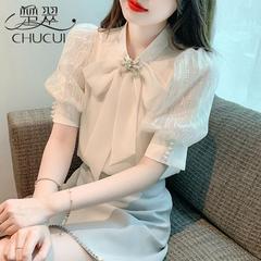 シフォン半袖シャツレディース夏年齢軽減スタイルシャツ2024新作人気Tシャツパフスリーブトップ