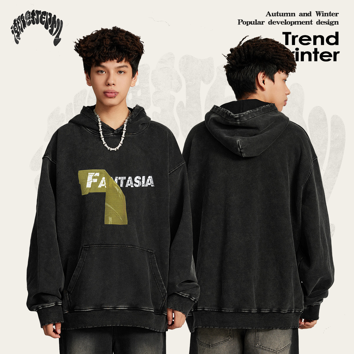 Impresora de marcas| 2025 otoño y invierno relajado americano retro transfronterizo lavado parodia pegatinas sudadera con capuz tendencia
