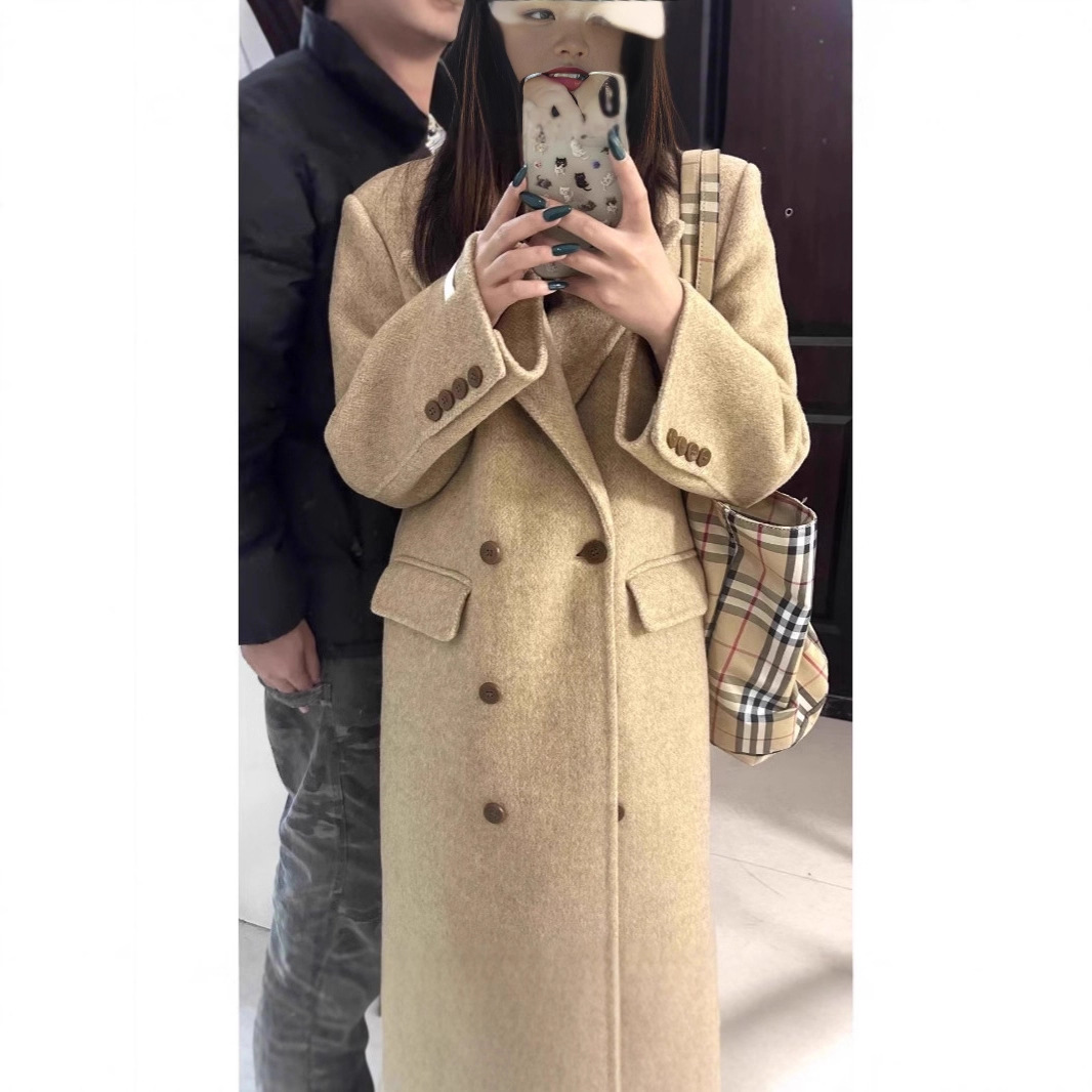 Plus Size Women's Herringbone Suit Collar Coat, Double-Breasted, Knee-Length, Slimming Woolen Coat