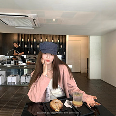 aaaaxbbb 紫罗兰海岸 定染长袖粉色皮衣外套显瘦垫肩棕色上衣春秋