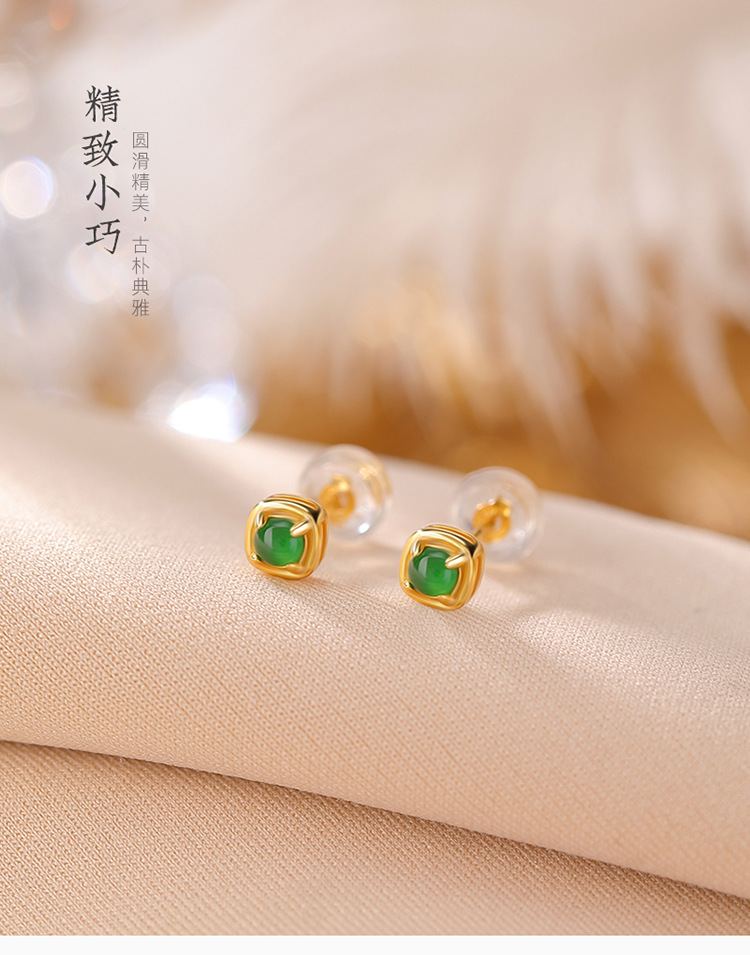 Bông tai bạc S925 mạ vàng hình nai ngọc bích retro tinh tế — Kiểu màu bạc chi tiết 1