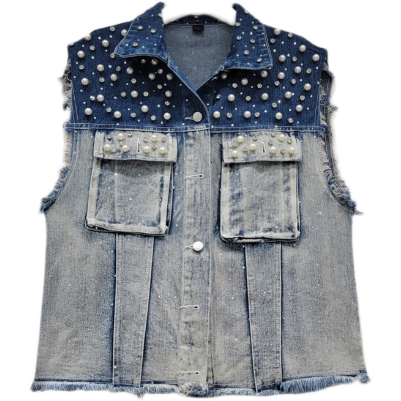 Estación Europea 2023 primavera y verano nueva moda gradiente uñas perla Denim Chaleco de las mujeres sueltas todo fósforo abrigo chaleco moda