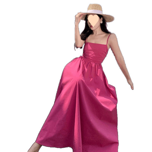 French vacation style pink satin strapless dress for women, summer high-end, waist-cinching, elegant, large swing long dress