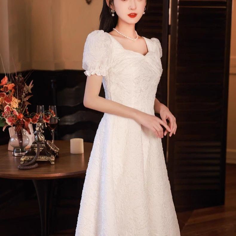 9387 女性のライトラグジュアリーニッチハイエンドフレンチハイエンドセンス認定登録白婚約ドレス女性のためのパフスリーブ|undefined