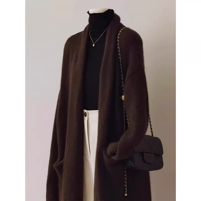 Maillard Raccoon Velvet Long Knitted Cardigan Women's Autumn and Winter Retro Mid-Length Suit Sweater Jacket Premium Coat