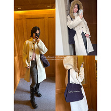 衣夫 韩版气质中长款双面呢大衣2025冬季新款宽松毛领帽呢外套905