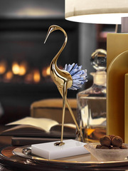 PK7J現代輕奢黃銅水晶仙鶴擺件客廳電視櫃酒櫃辦公室家居裝飾品工