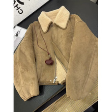 2025新款麂皮绒外套韩系羊羔毛皮毛一体短款机车服皮衣女冬小个子