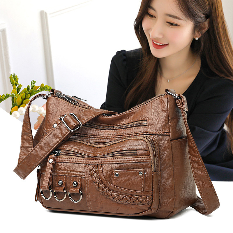 2023 Spring New Crossbody Bag Mom Shoulder Bag Washed Soft Leather Women's Small Bag Middle-Aged and Elderly Easiest for Match Women's Bag
