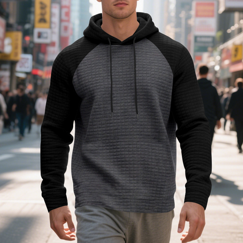 Schweres Kapuzensweatshirt mit Farbblockdesign für Herren, lockere Passform, Pullover mit Kordelzug für lässige Streetwear (Schwarz/Grau, Armeegrün/Beige)_voghion.com