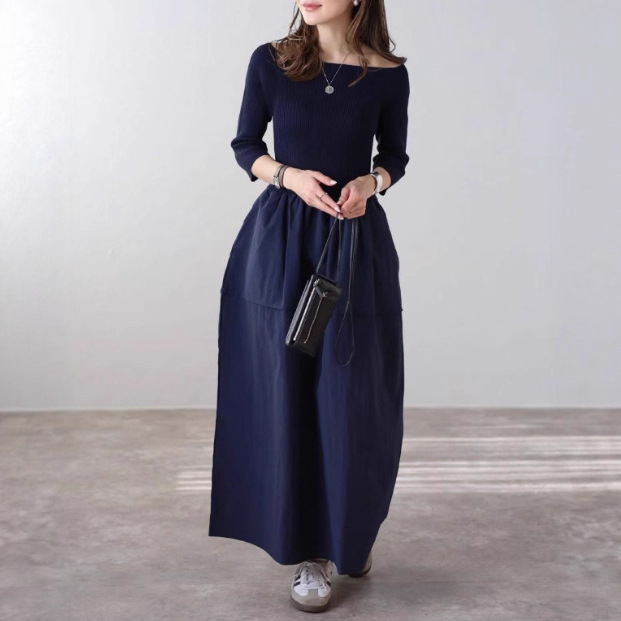 Foreign Trade Export Spring and Summer Knitted Patchwork Mid-Sleeve Dress Slim Fit Off-The-Shoulder Mid-Length A-Line Puffy Skirt for Women