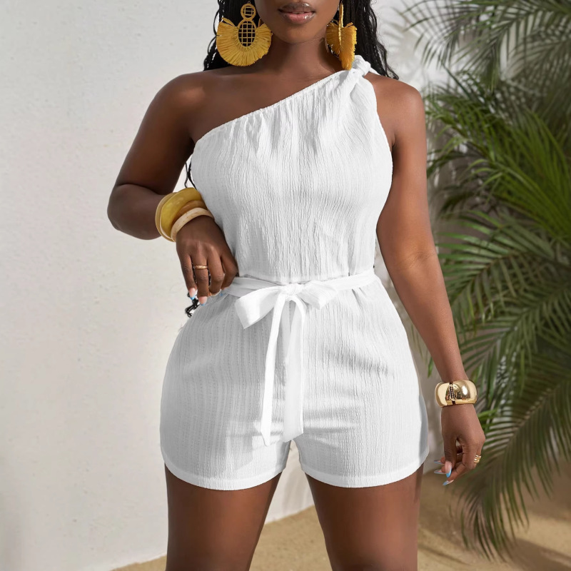 Summer New Style One-Shoulder Twist-Waist Textured Fabric Waist-Cinching Slim-Fit White Women's Jumpsuit, European and American Cross-Border