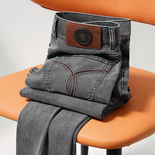 欧货轻奢精品复古风水洗牛仔裤男款高端皮革腰牌舒适弹力休闲裤潮