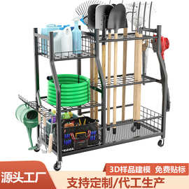 含税跨境花园工具架庭院器械收纳架带轮子的置物架车库移动工具车