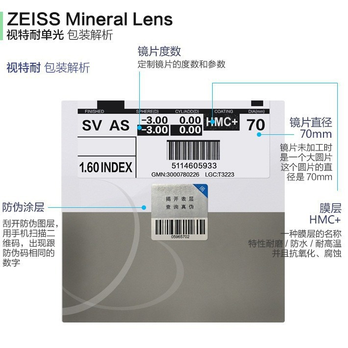 Zeiss brand vision resistance 1.56/1.60/1.67 aspherical HD resin lens anti-blue ray lens