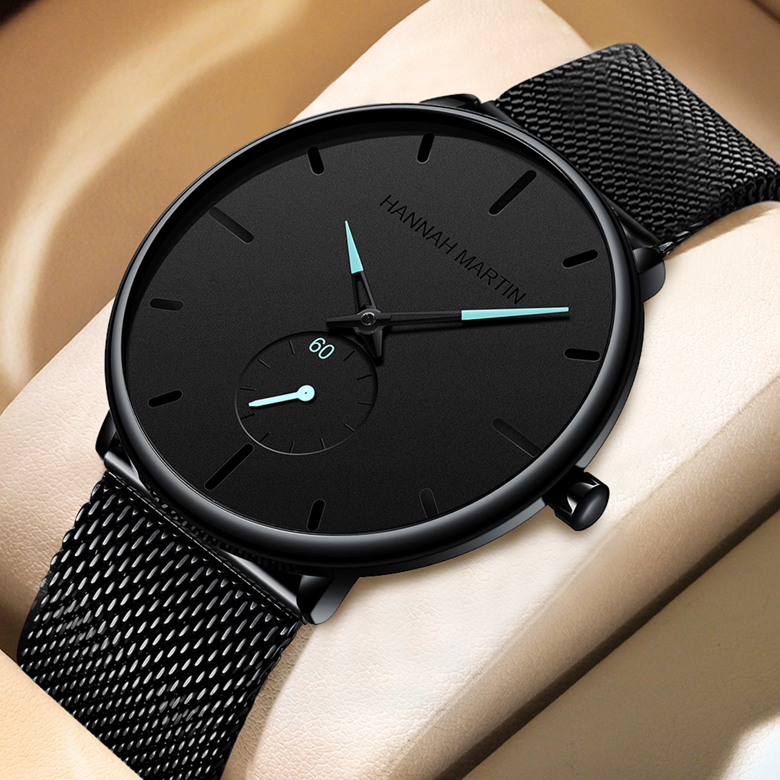 跨境代发欧美潮流时尚休闲防水手表学生小秒针钢网带石英手表男士