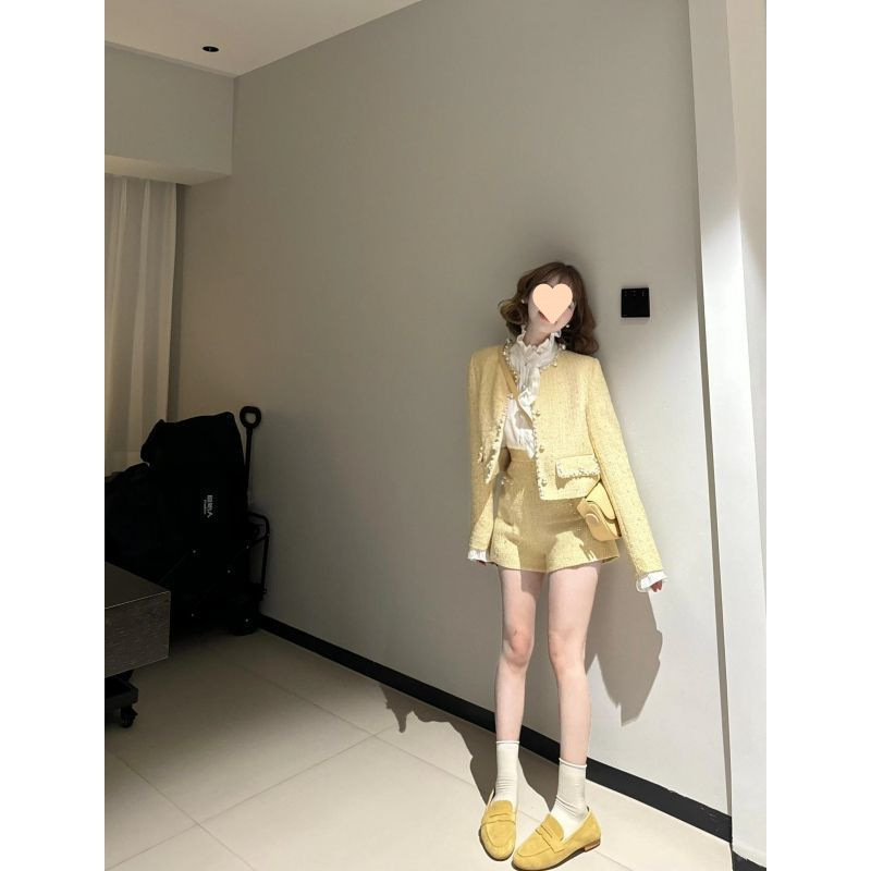 新款小香风2025早春短款显瘦百搭外套高级感短裤女高腰气质两件套|undefined