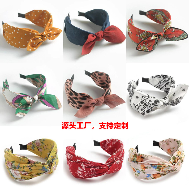 跨境发饰豹纹兔耳朵打结宽版发箍女欧美外出盘发卡头箍饰品波点女