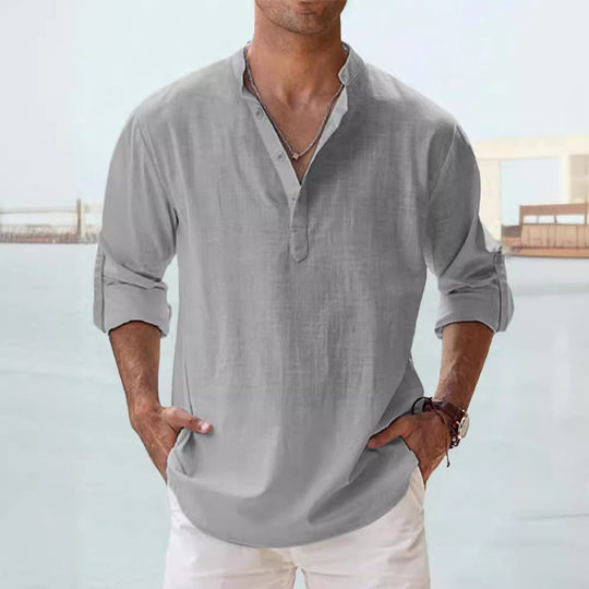 Summer New Casual Men's Loose Men's Fashionable Collar Sports Solid Color Long Sleeve Cotton Top Large Size Shirt in Stock