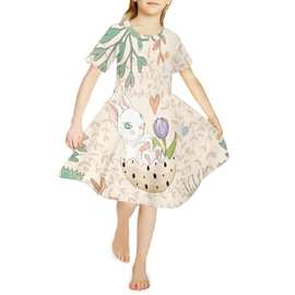 2024夏季新款女童连衣裙卡通印花公主裙圆领中小童针织棉短袖童裙