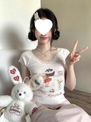 【公式オリジナル生地】レースの短いtシャツ女性アニメプリントの丸首半袖上着