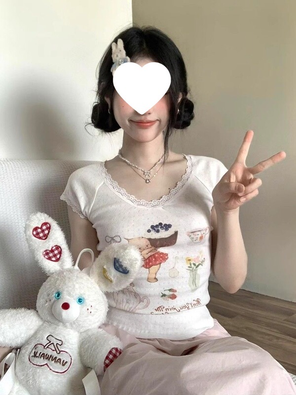 [official Original Fabric] Lace Short T-shirt for Women Cartoon Print Slim Round Neck Short-sleeved Top