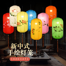 中式布艺手绘灯笼仿古典宫灯餐厅茶楼过道创意冬瓜长形布艺吊灯具