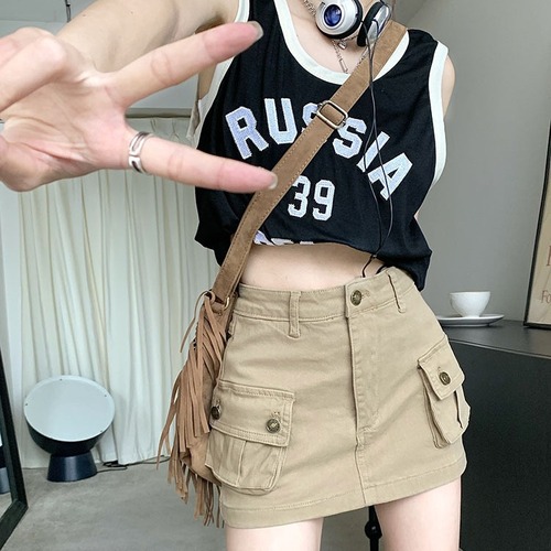  Summer Slimming American Style Skirt High Waist A-Line Short Skirt in Khaki Denim for Girls