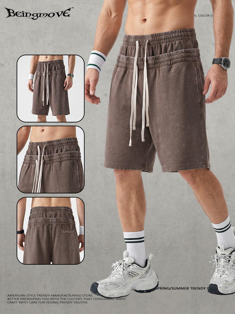Calle secada| 2026 verano americano costa oeste doble cintura cabeza frita flocos de nieve hacer viejos pantalones cortos casuales pantalones sueltos hombre