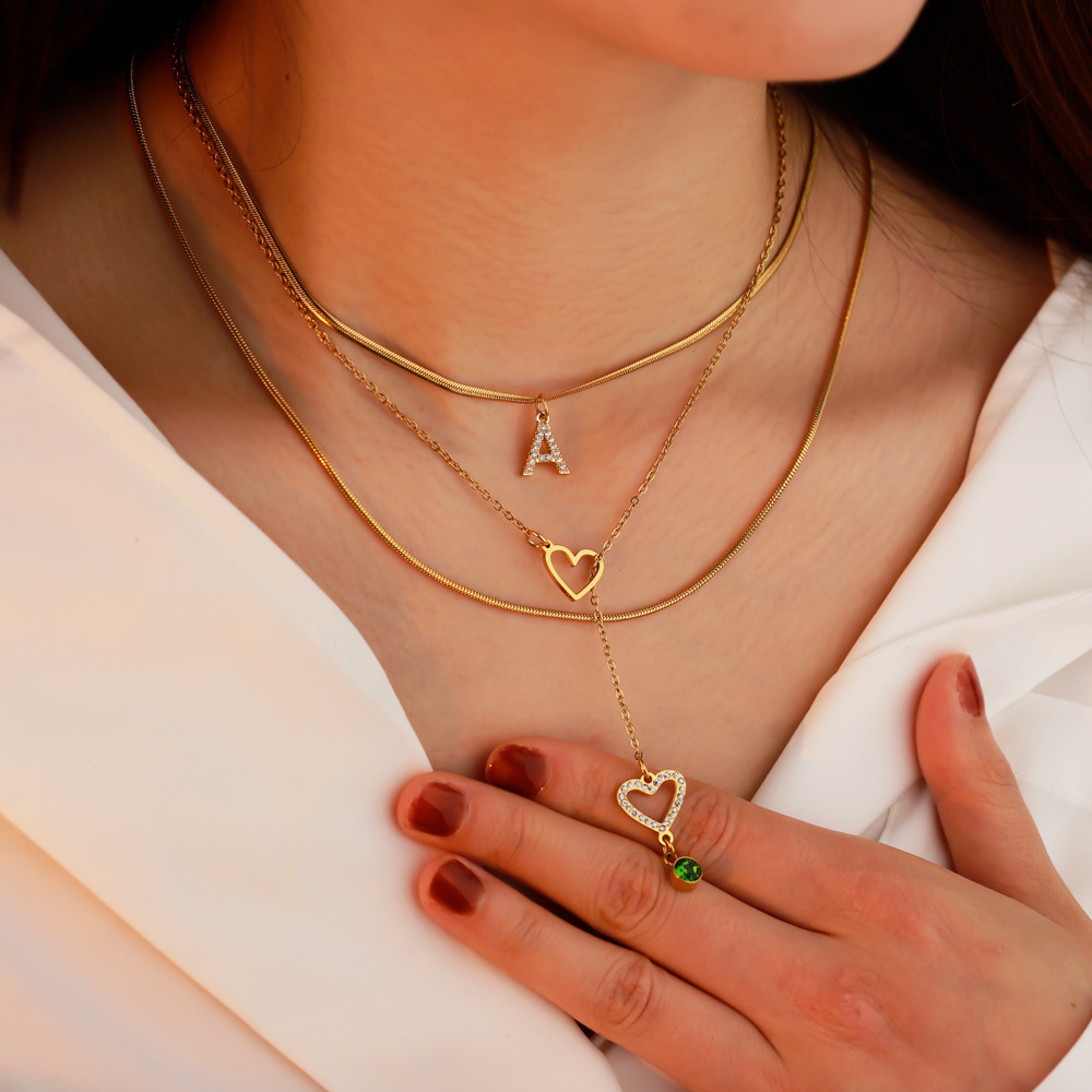 Plating, Inlay Design Wholesale Jewelry IG Style Korean Style Letter Heart Shape 304 Stainless Steel Rhinestones Birthstone Gold Plated Plating Inlay Three Layer Necklace