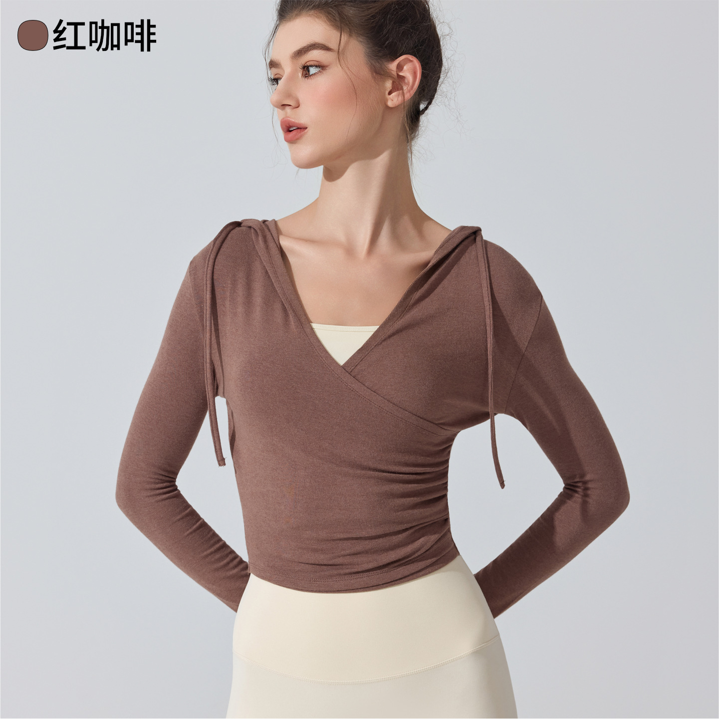Europa y Estados Unidos trajes de yoga encapuchados transfronterizos mangas largas cintura reducida camiseta deportiva de correr delgada camiseta transpirable pilates camiseta de fitness