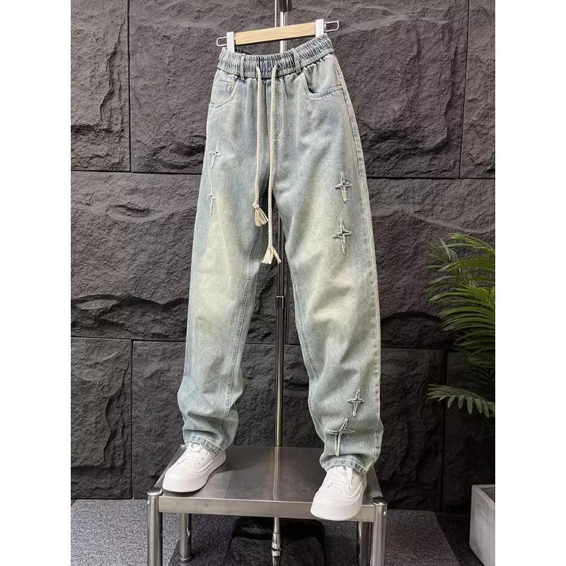 American Retro Washed Embroidered Jeans Men's Trendy High Street Loose Straight Wide-Leg Pants Men's Floor-Length Trousers