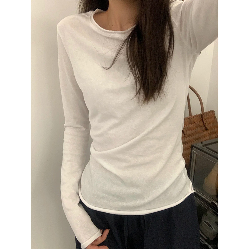 Thin, Slim-Fitting Sun Protection Blouse for Women, Suitable for Spring, Autumn, and Winter, with Rolled Edges, Simple Long-Sleeved T-Shirt, Inner Layer Top, Base Shirt