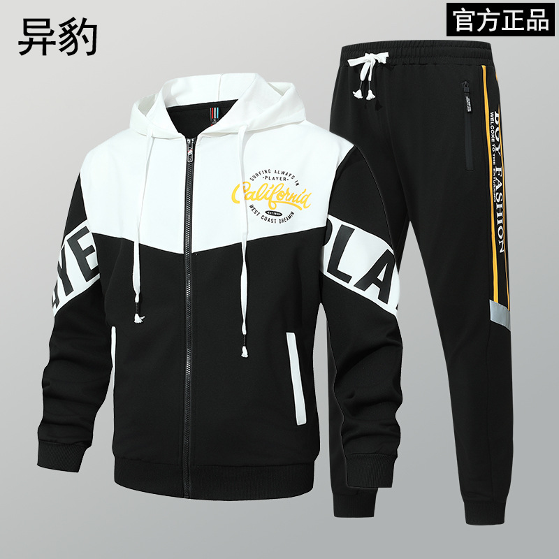 Primavera y otoño, marca de moda americana, chaqueta con capucha, pantalones, traje deportivo, traje casual de dos piezas simple para hombres y adolescentes